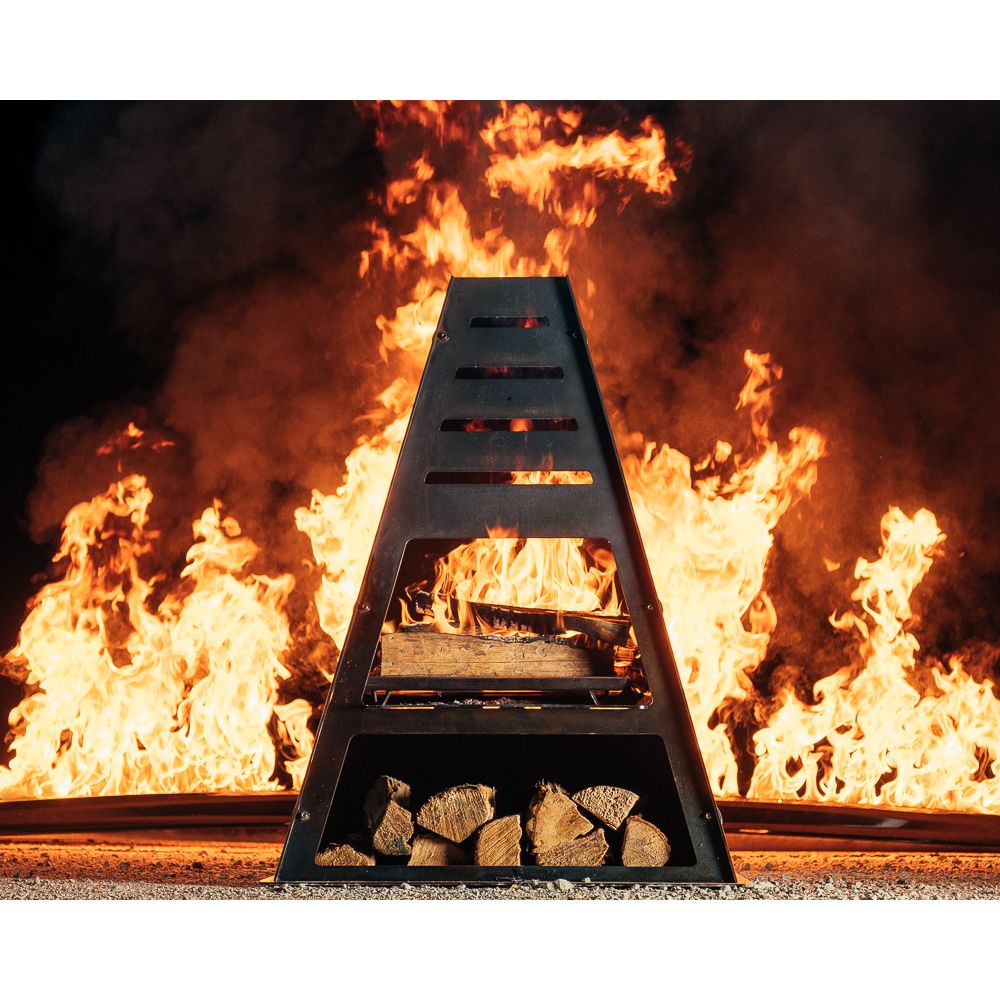 Pyro Tower chiminea fully ablaze