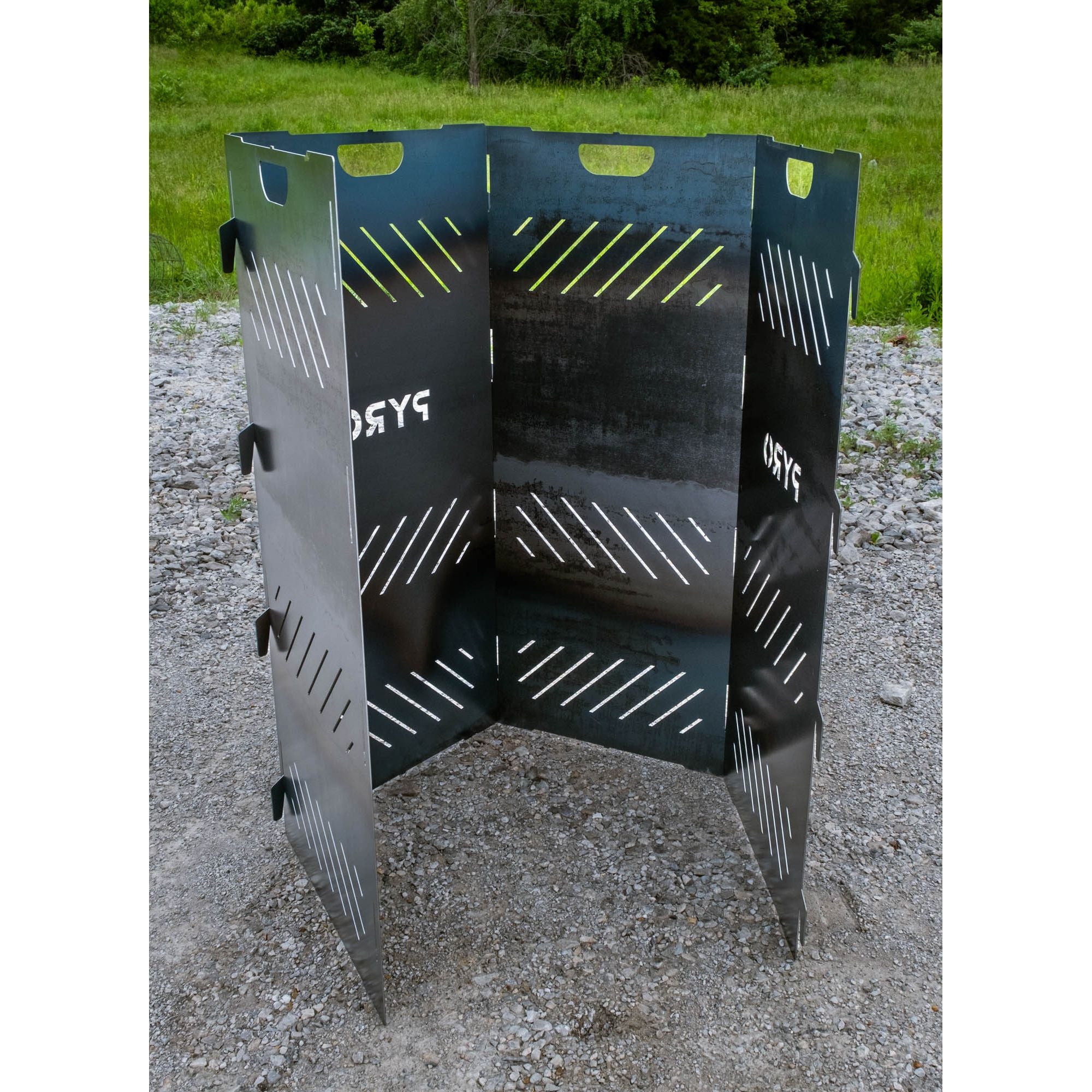 Large Pyro Cage panels folded partly open, showing the four-panel tab-and-slot design that stores flat