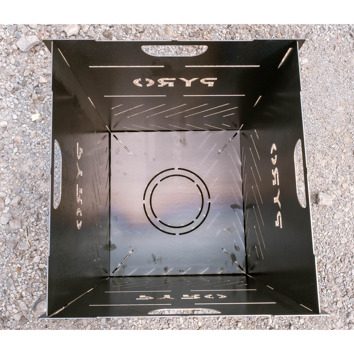 Looking down into an assembled Medium Pyro Cage with the riser base in place