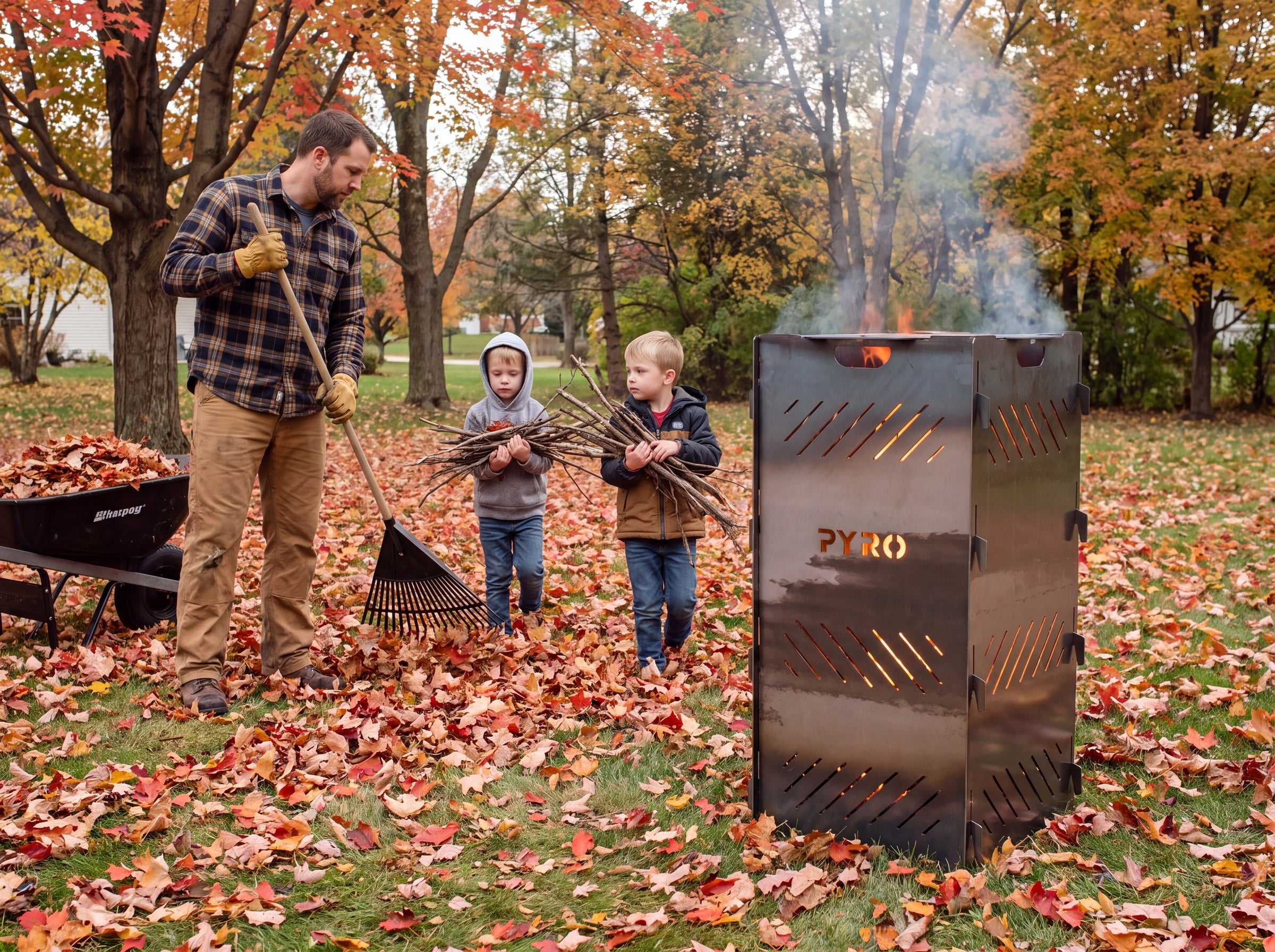 PYRO Burn Cage Lid on the Large cage — autumn backyard leaf burn