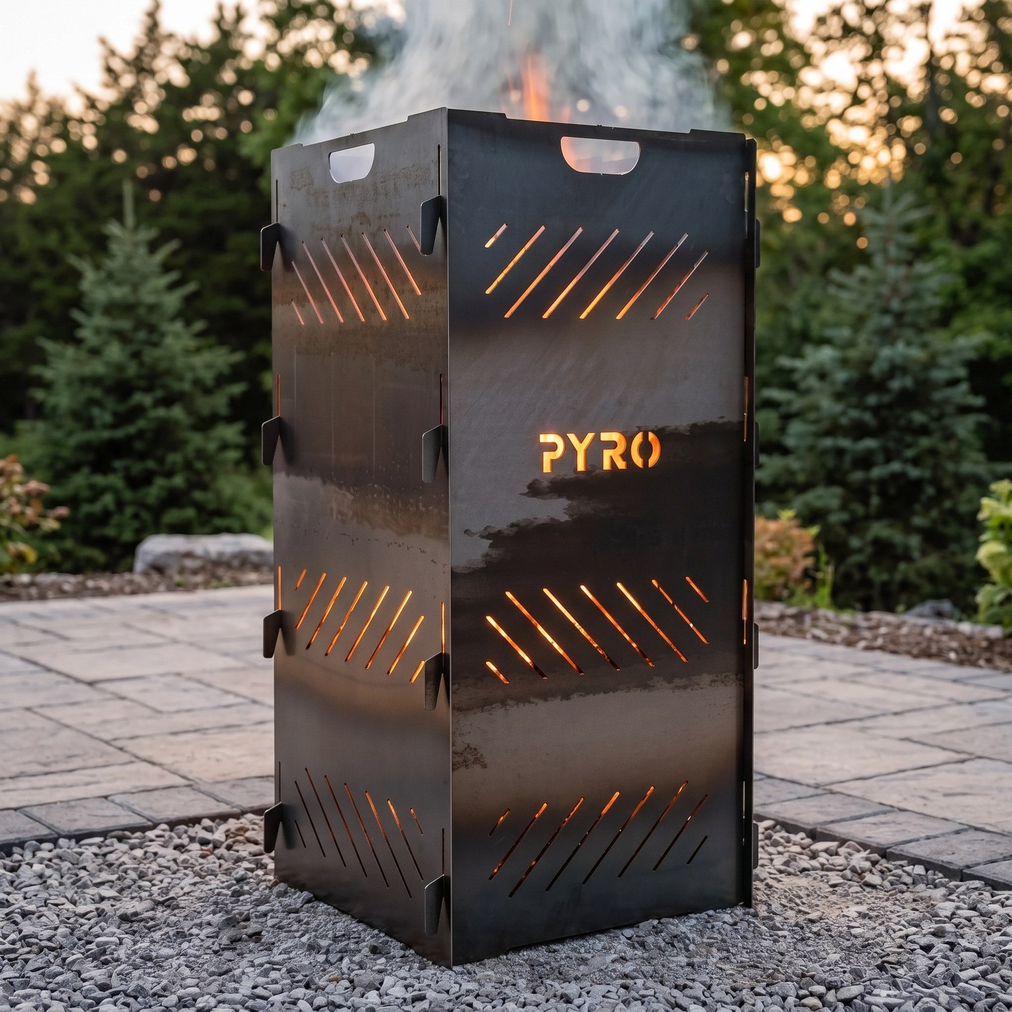 PYRO Large Burn Cage (48") — Paver Patio Evergreen Backdrop
