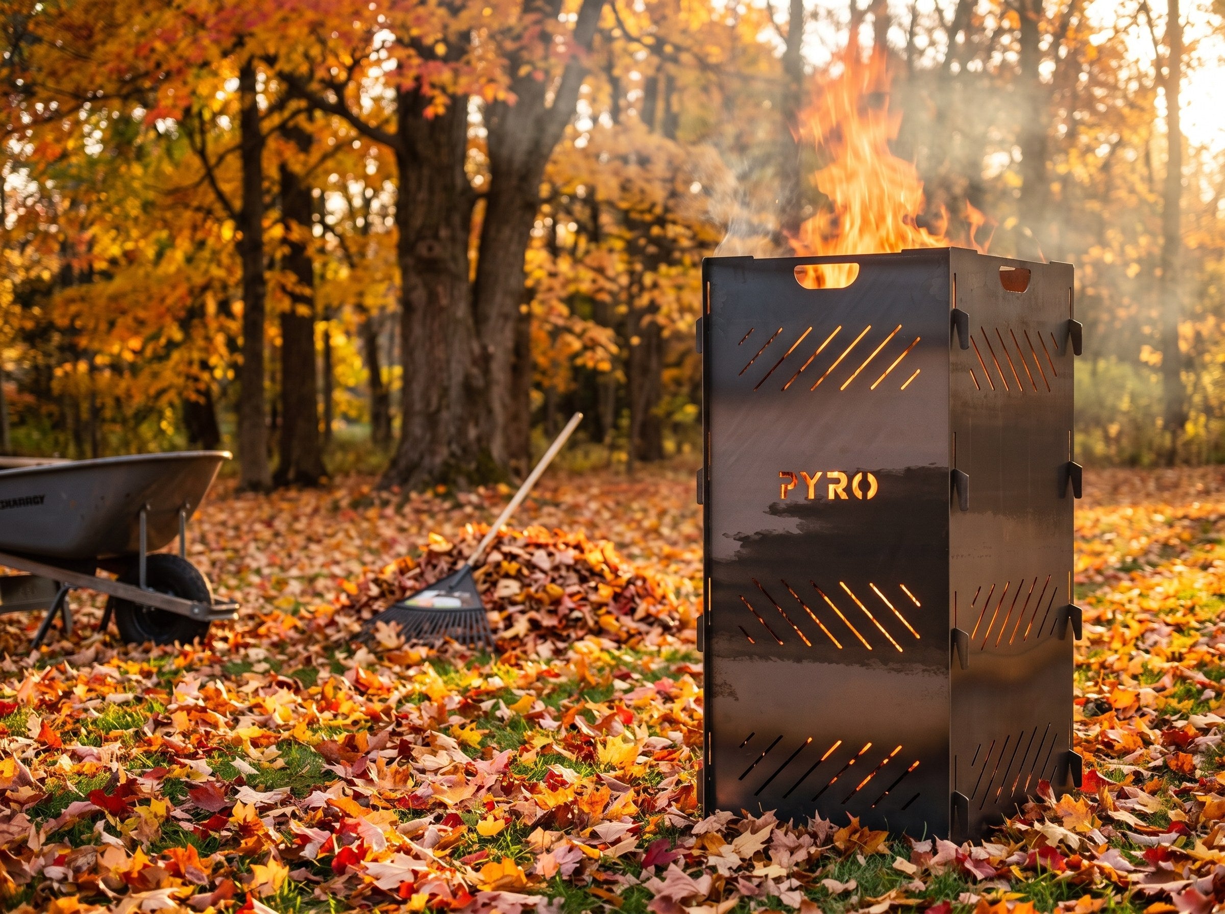 PYRO Large Burn Cage (48") — Autumn Maple Leaves Wheelbarrow