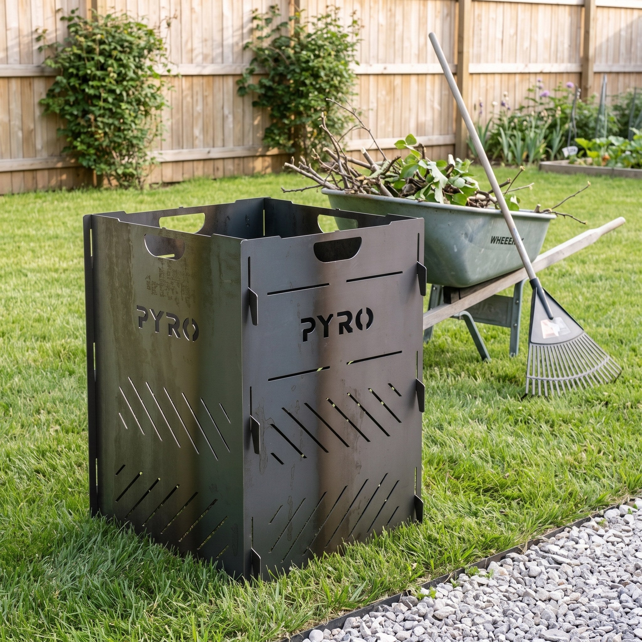PYRO Medium Burn Cage (32") — Fenced Backyard Lawn Unlit