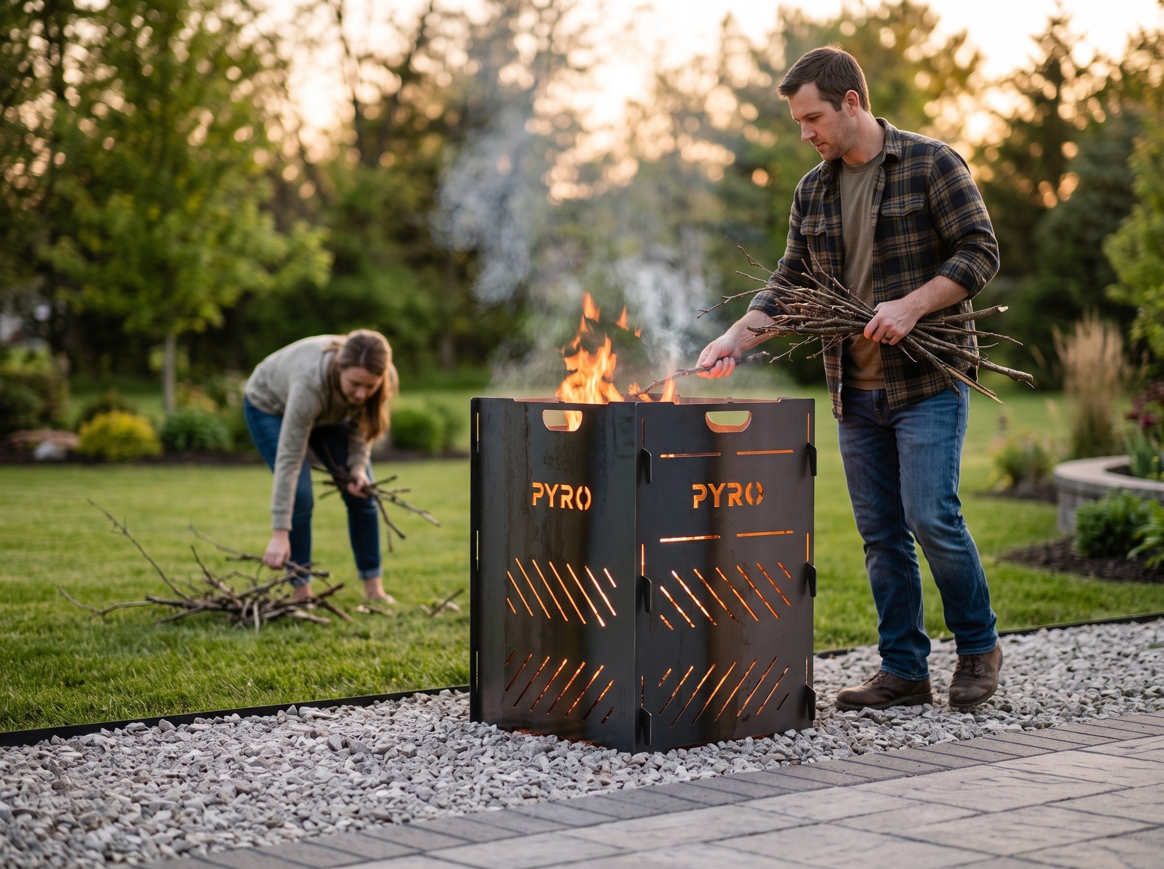 PYRO Medium Burn Cage (32") — Couple Burning Brush On Gravel