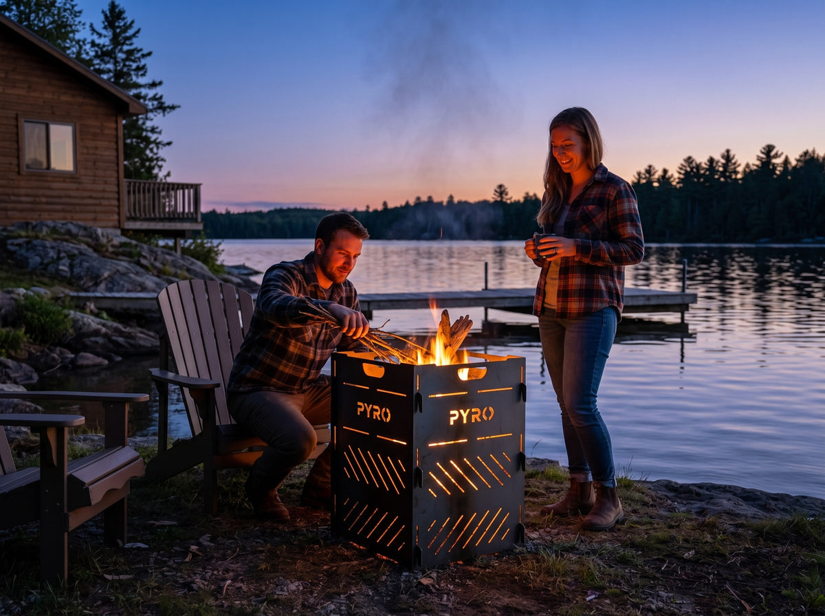PYRO Medium Burn Cage (32") — Lakeside Cabin Couple At Twilight