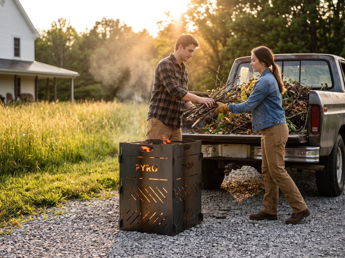 PYRO Medium Burn Cage (32") — Young Couple Unloading Pickup Truck