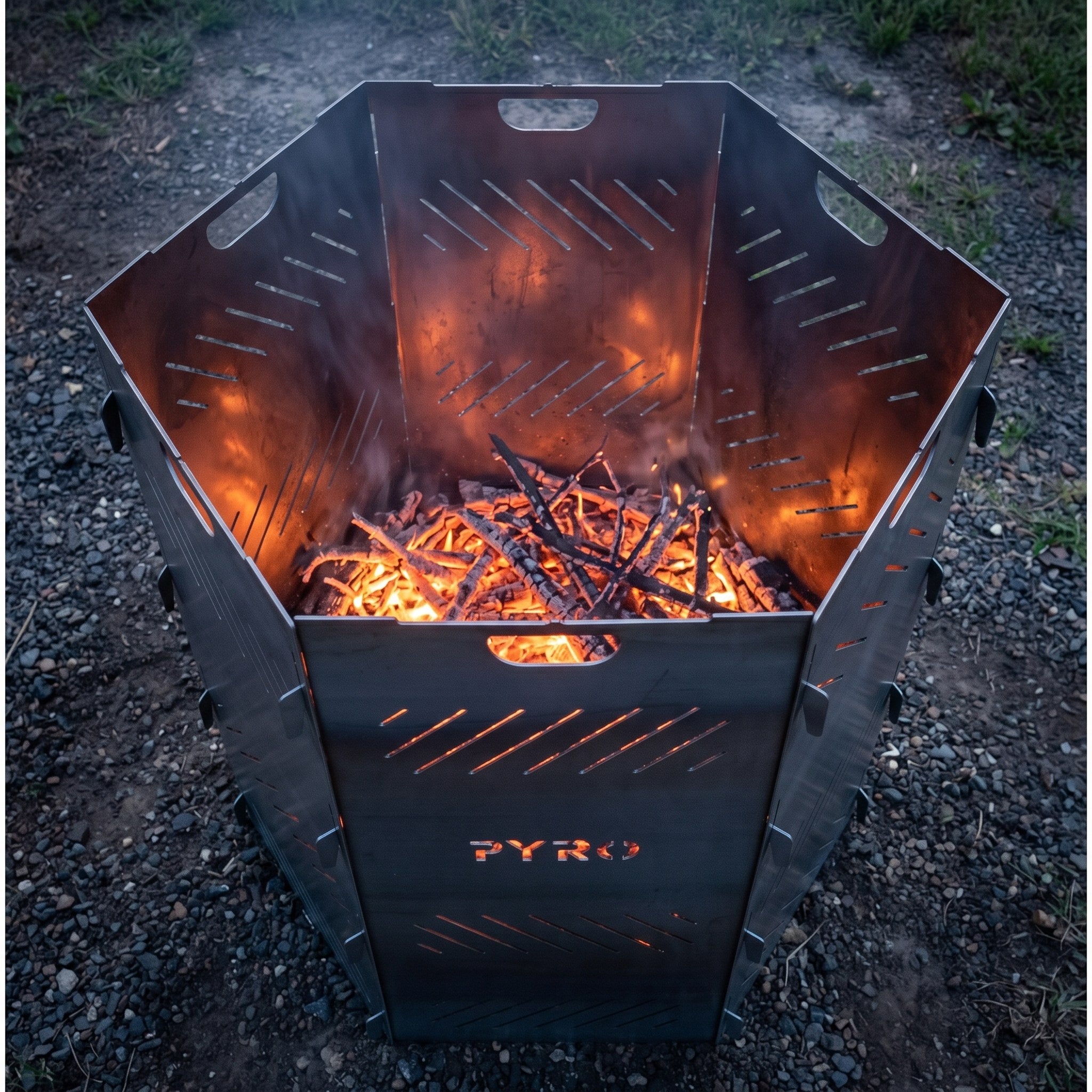 PYRO XXL Burn Cage hexagon — Overhead Into Burning Interior