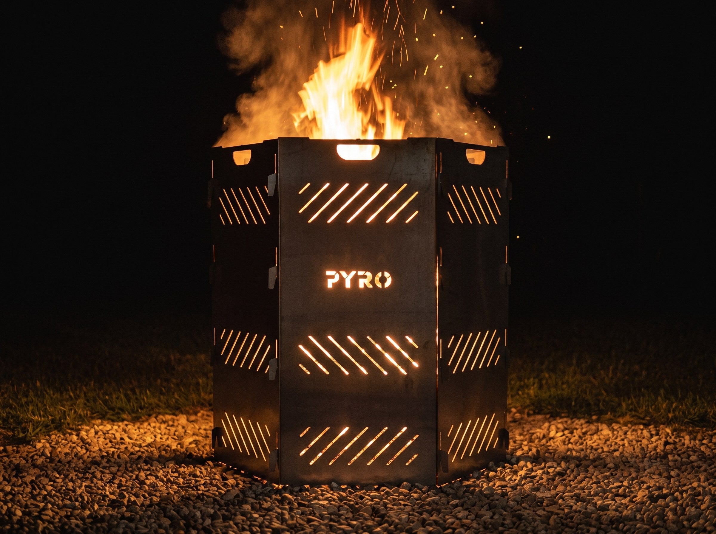 PYRO XXL Burn Cage hexagon — Night Blaze On Gravel Pad