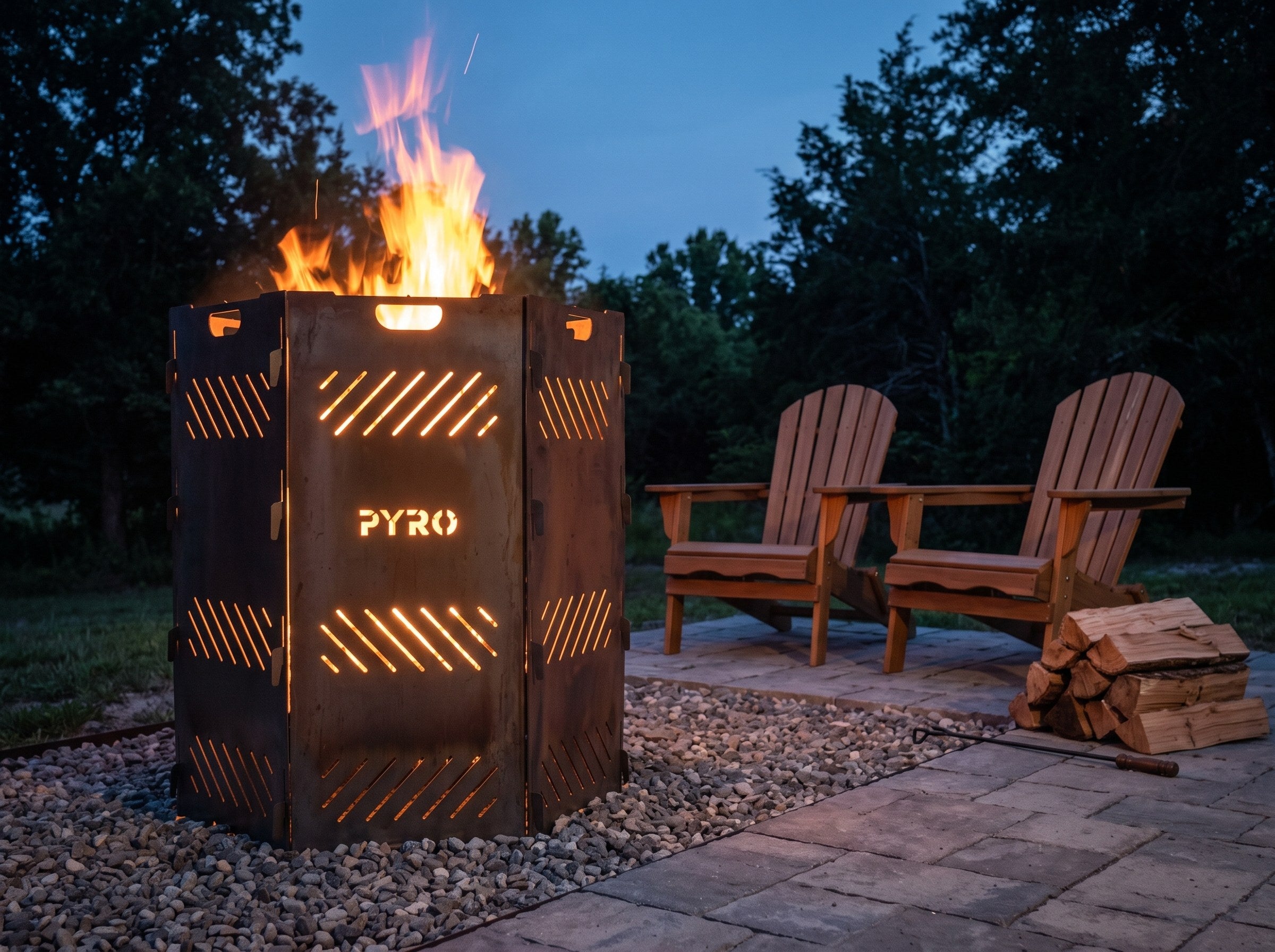 PYRO XXL Burn Cage hexagon — Paver Patio With Adirondack Chairs