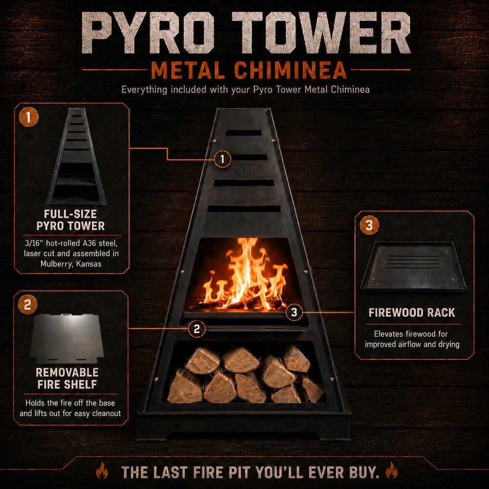 Everything included with the Pyro Tower Metal Chiminea: full-size 3/16-inch A36 steel tower, removable fire shelf and firewood rack