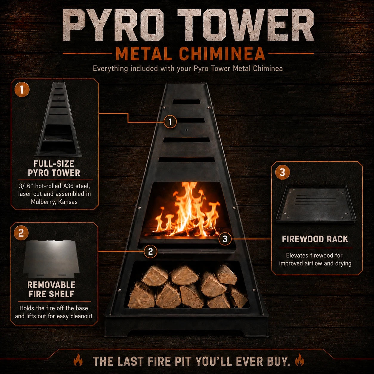 Everything included with the Pyro Tower Metal Chiminea: full-size 3/16-inch A36 steel tower, removable fire shelf and firewood rack