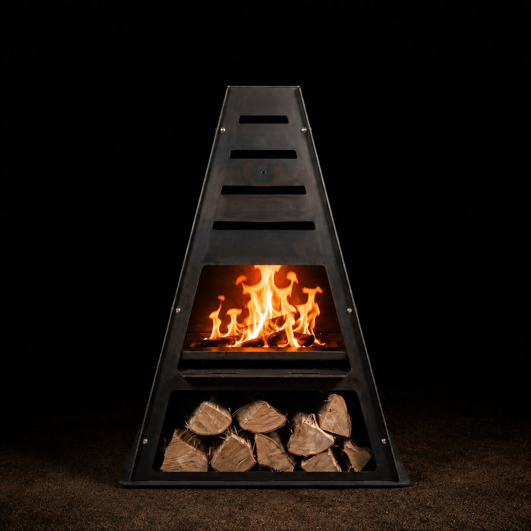 Pyro Tower Basic Kit — chiminea with fire shelf and firewood rack, studio view