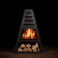 Pyro Tower — the 3/16" steel chiminea shown in the Basic kit with fire shelf and firewood rack
