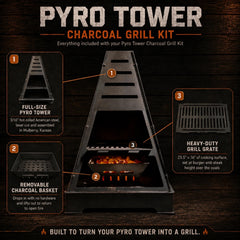 Everything included with the Pyro Tower Charcoal Grill Kit: full-size 3/16-inch steel tower, removable charcoal basket and 23.5 by 16 inch heavy-duty grill grate