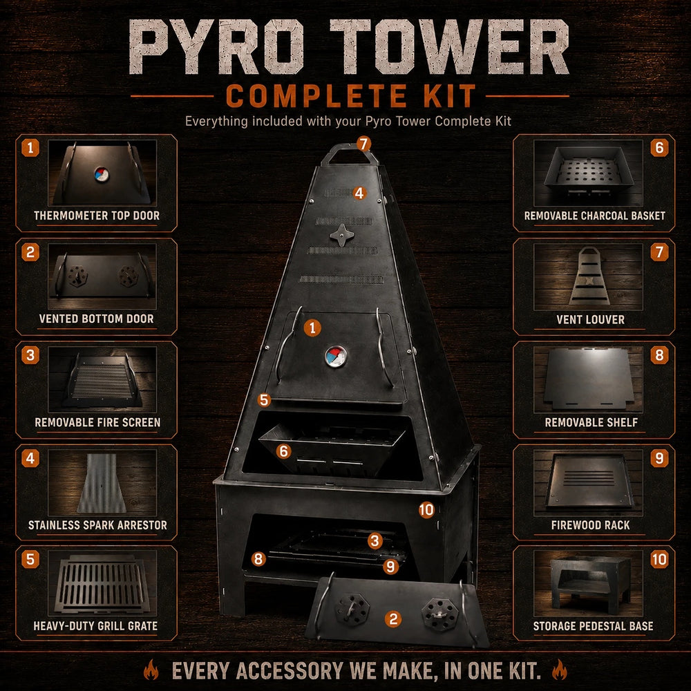 Everything included with the Pyro Tower Complete Kit: thermometer top door, vented bottom door, removable fire screen, stainless spark arrestor, heavy-duty grill grate, removable charcoal basket, vent louver, removable shelf, firewood rack and storage pedestal base