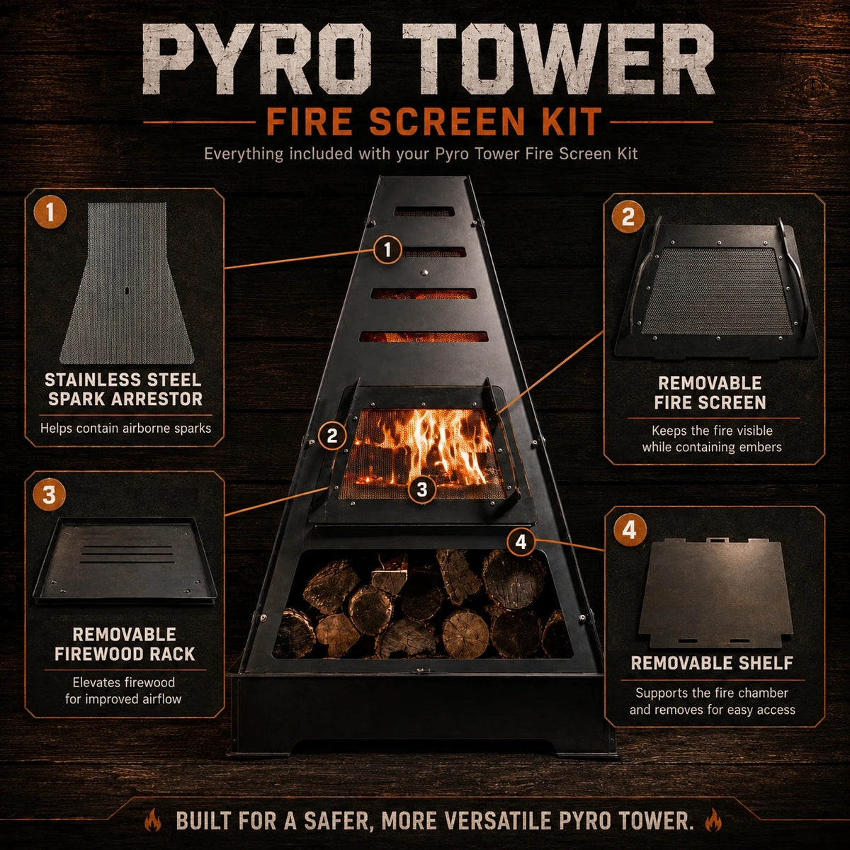 Everything included with the Pyro Tower Fire Screen Kit: stainless steel spark arrestor, removable fire screen, removable firewood rack and removable shelf