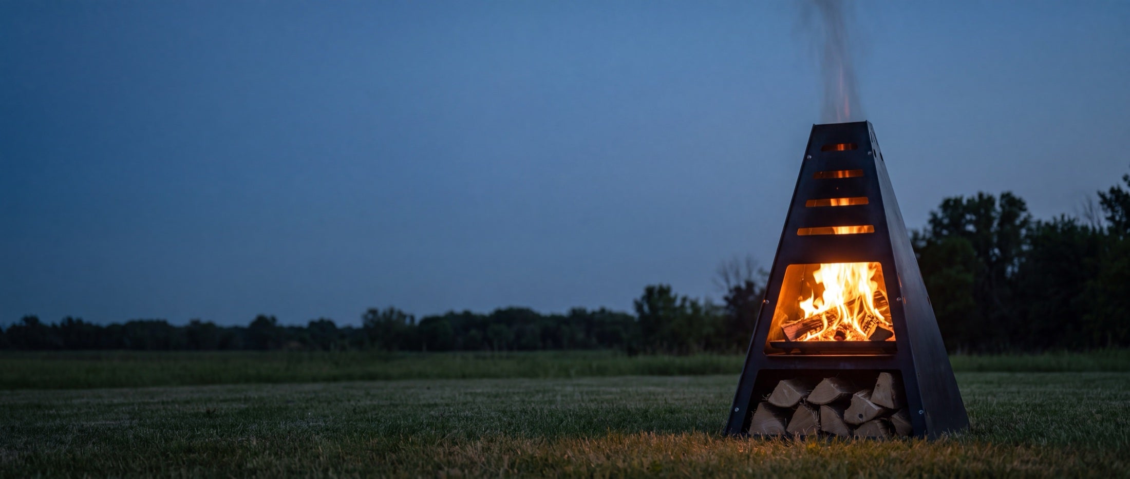 Pyro Tower burning at twilight on rural acreage