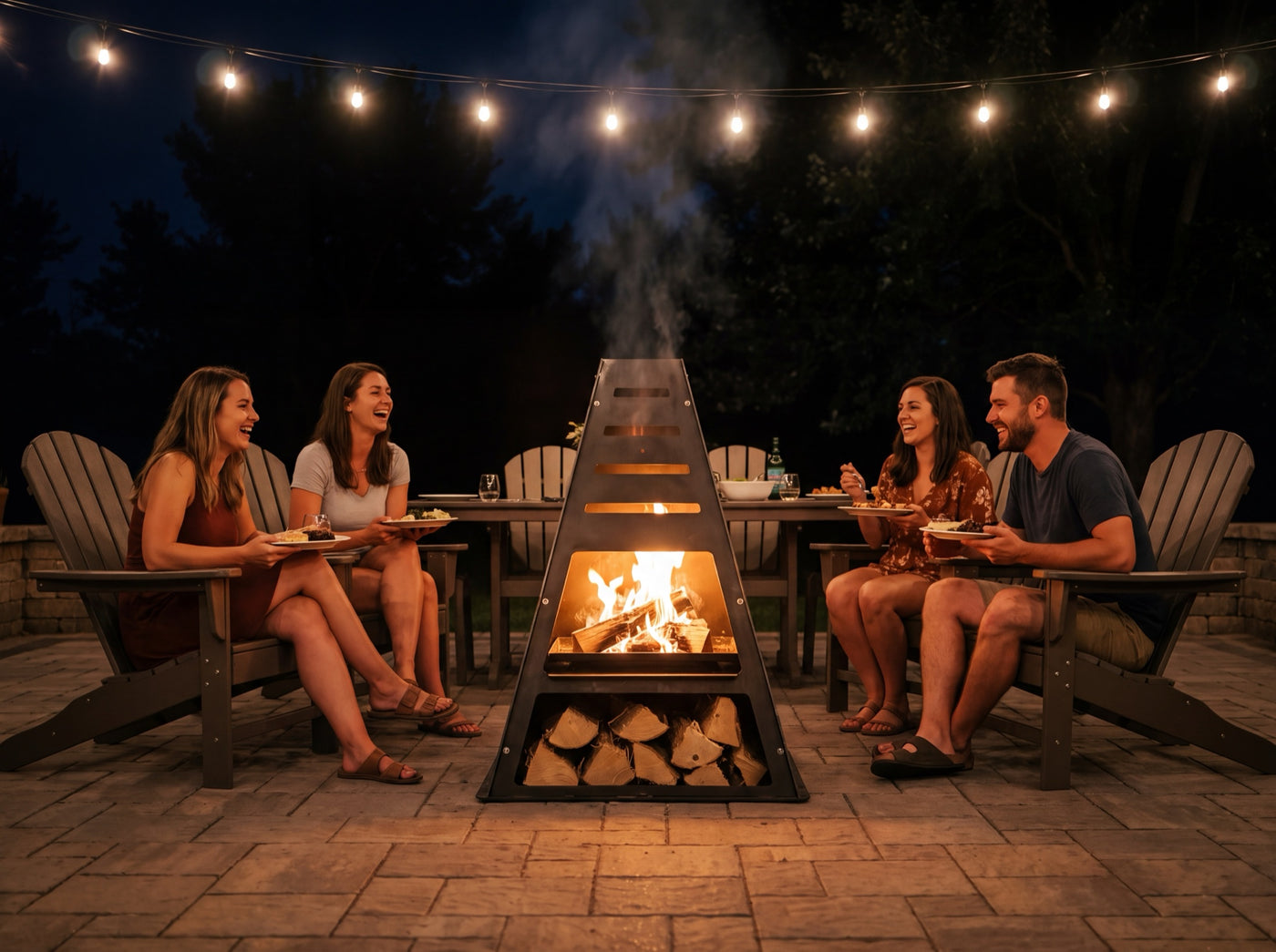 Dinner party under string lights beside a Pyro Tower wood-fired oven