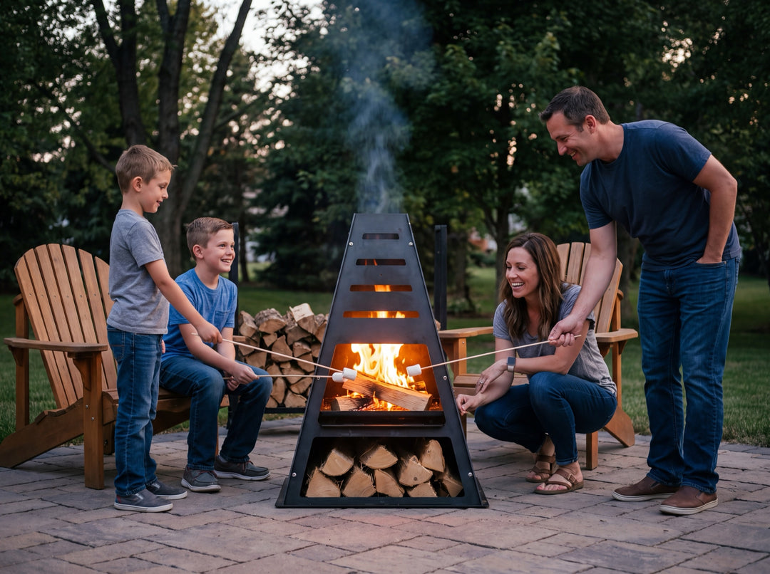Family toasting marshmallows around a Pyro Tower