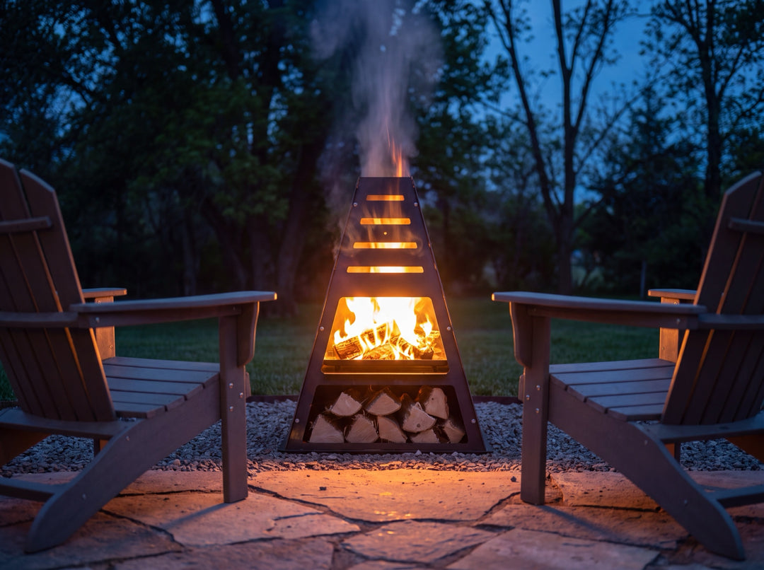 Pyro Tower with a wood fire on a patio at dusk