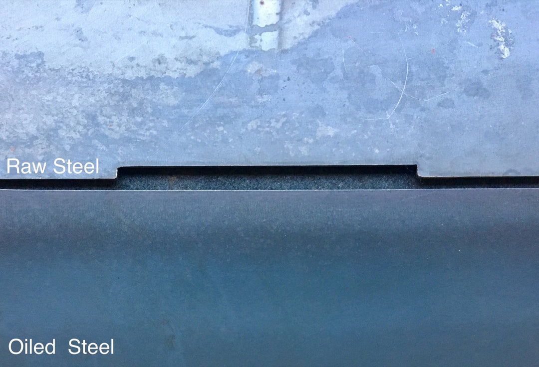 Raw steel and oiled steel Pyro Tower panels compared
