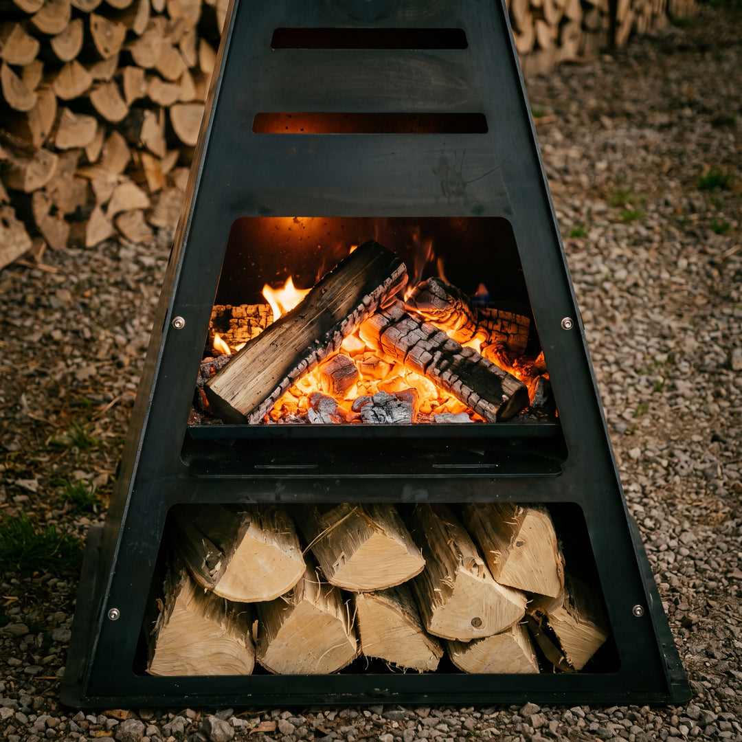 Close view of glowing coals in the Pyro Tower firebox