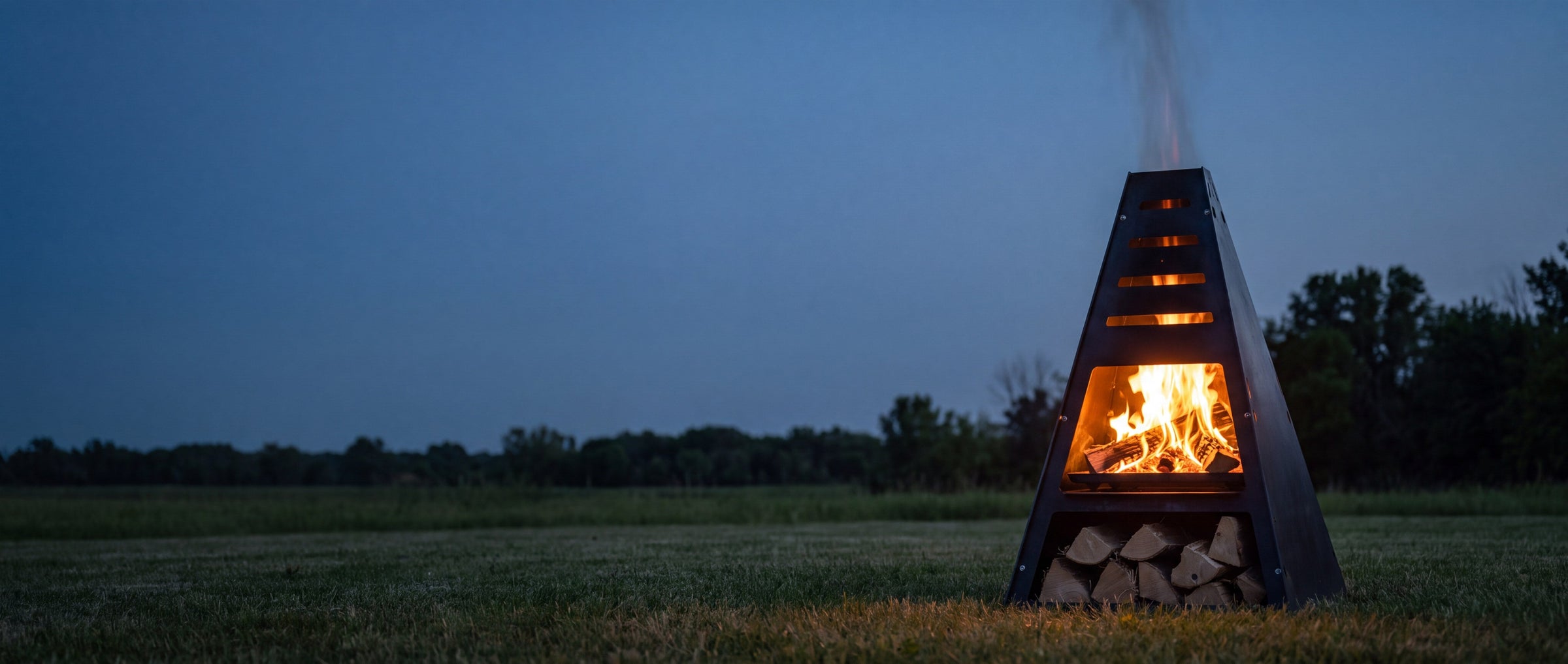 Pyro Tower burning at twilight on an open acreage