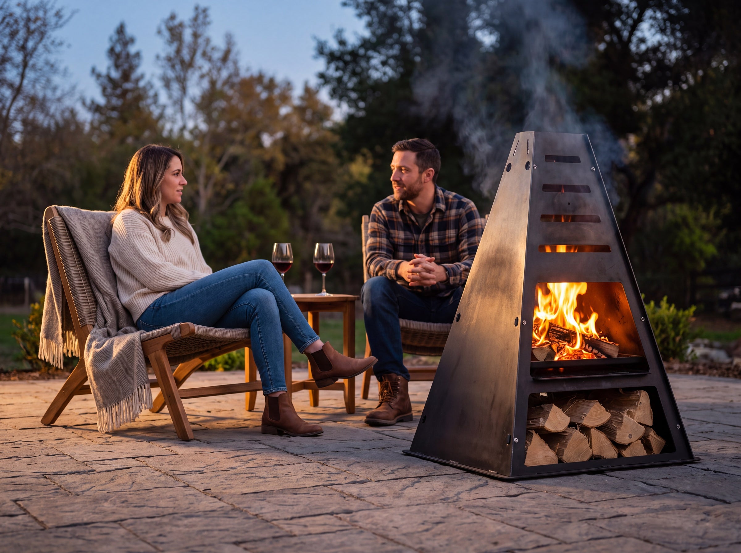 Pyro Tower chiminea — Lifestyle Couple Stone Patio Dusk A