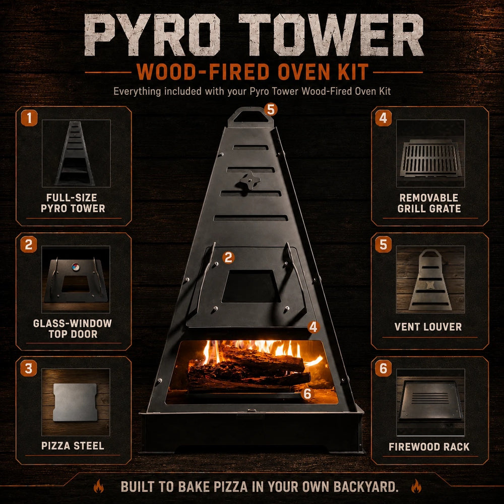 Everything included with the Pyro Tower Wood-Fired Oven Kit: full-size 3/16-inch steel tower, glass-window top door, pizza steel, removable grill grate, vent louver and firewood rack