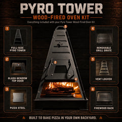 Everything included with the Pyro Tower Wood-Fired Oven Kit: full-size 3/16-inch steel tower, glass-window top door, pizza steel, removable grill grate, vent louver and firewood rack
