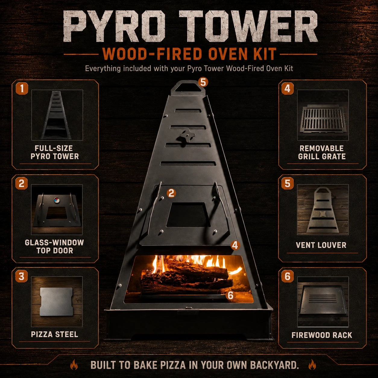 Everything included with the Pyro Tower Wood-Fired Oven Kit: full-size 3/16-inch steel tower, glass-window top door, pizza steel, removable grill grate, vent louver and firewood rack
