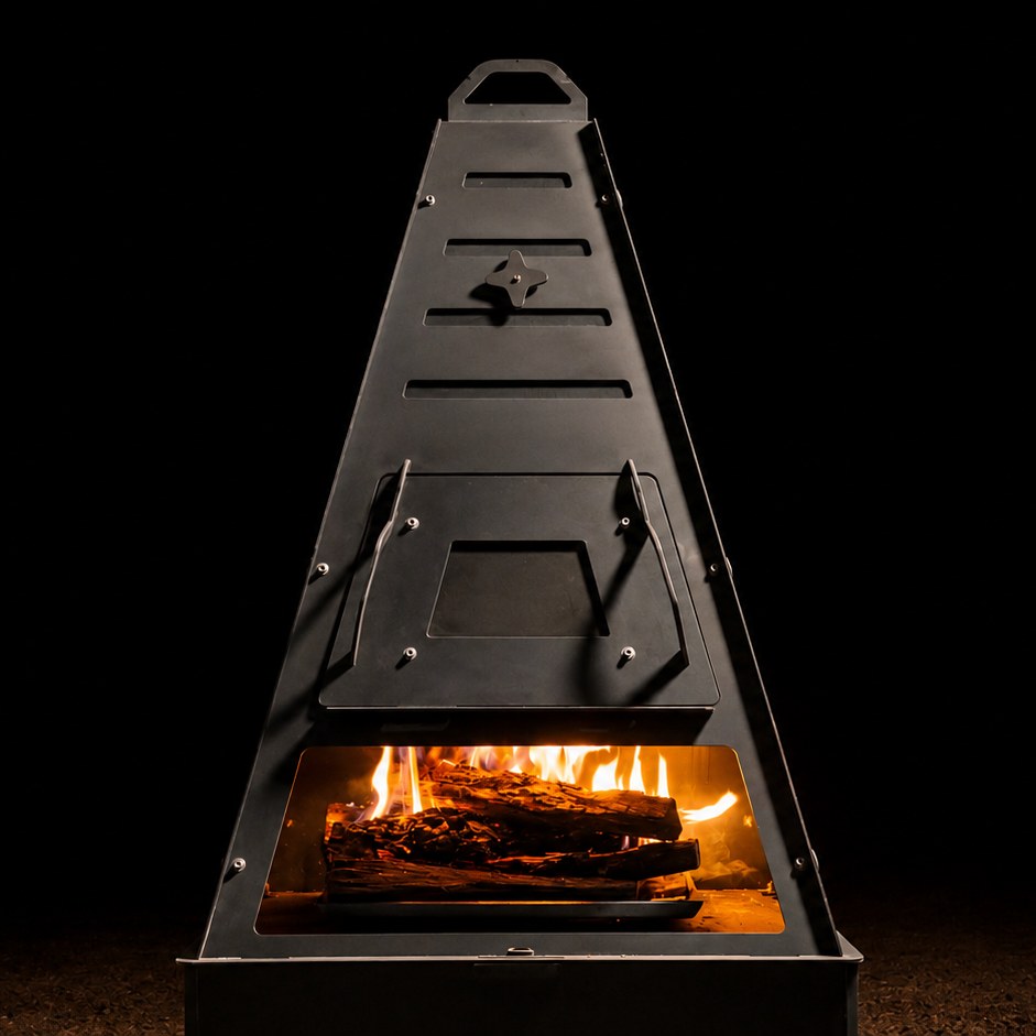 Pyro Tower Wood-Fired Oven Kit — oven door fitted, fire in the cooking chamber, studio view