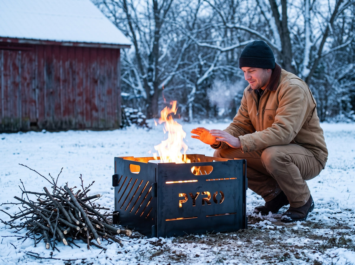 PYRO Small Burn Cage (16") — Snowy Barnyard Warming Hands Dusk