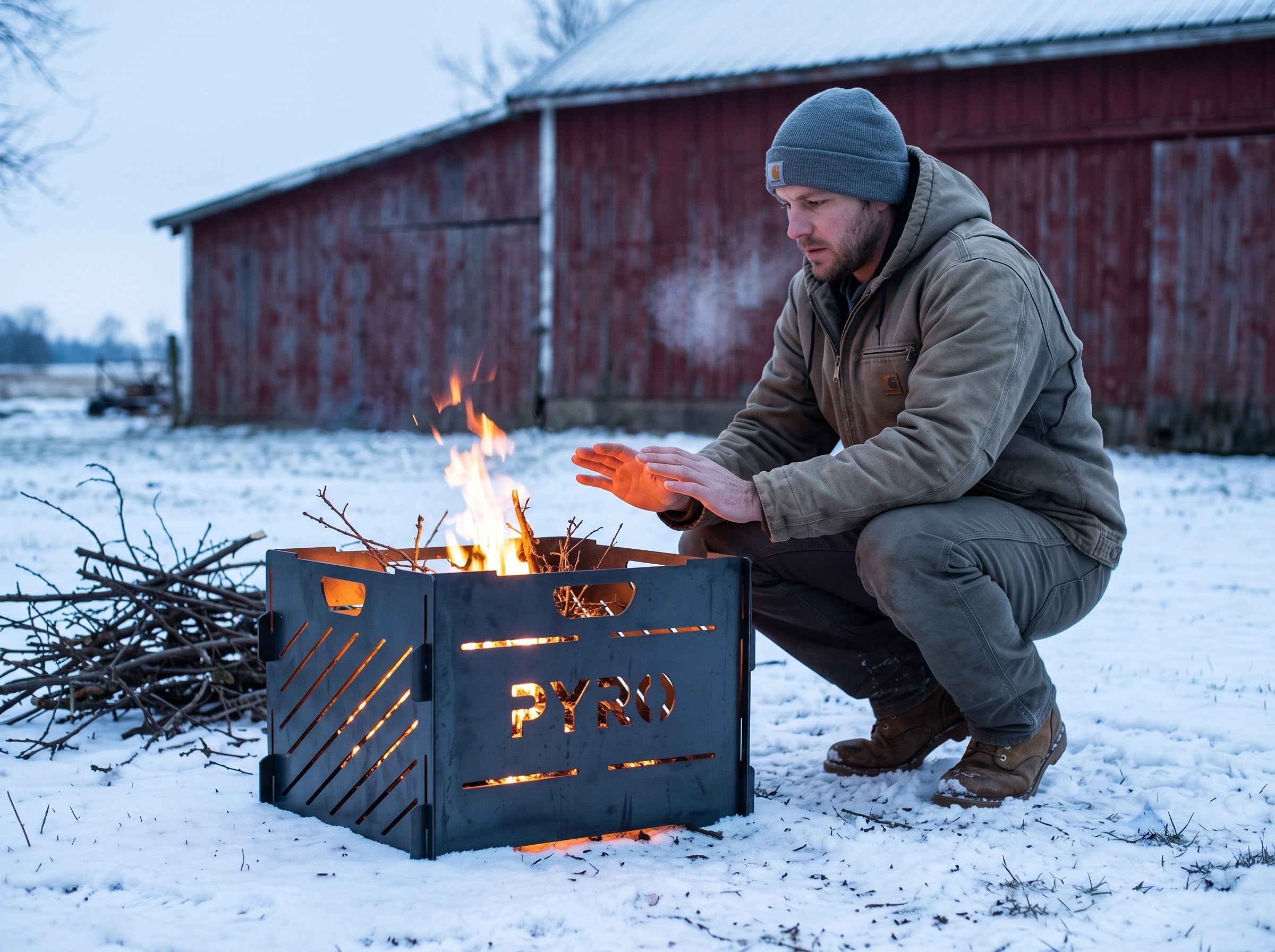 PYRO Small Burn Cage (16") — Winter Farm Fire Close Crop