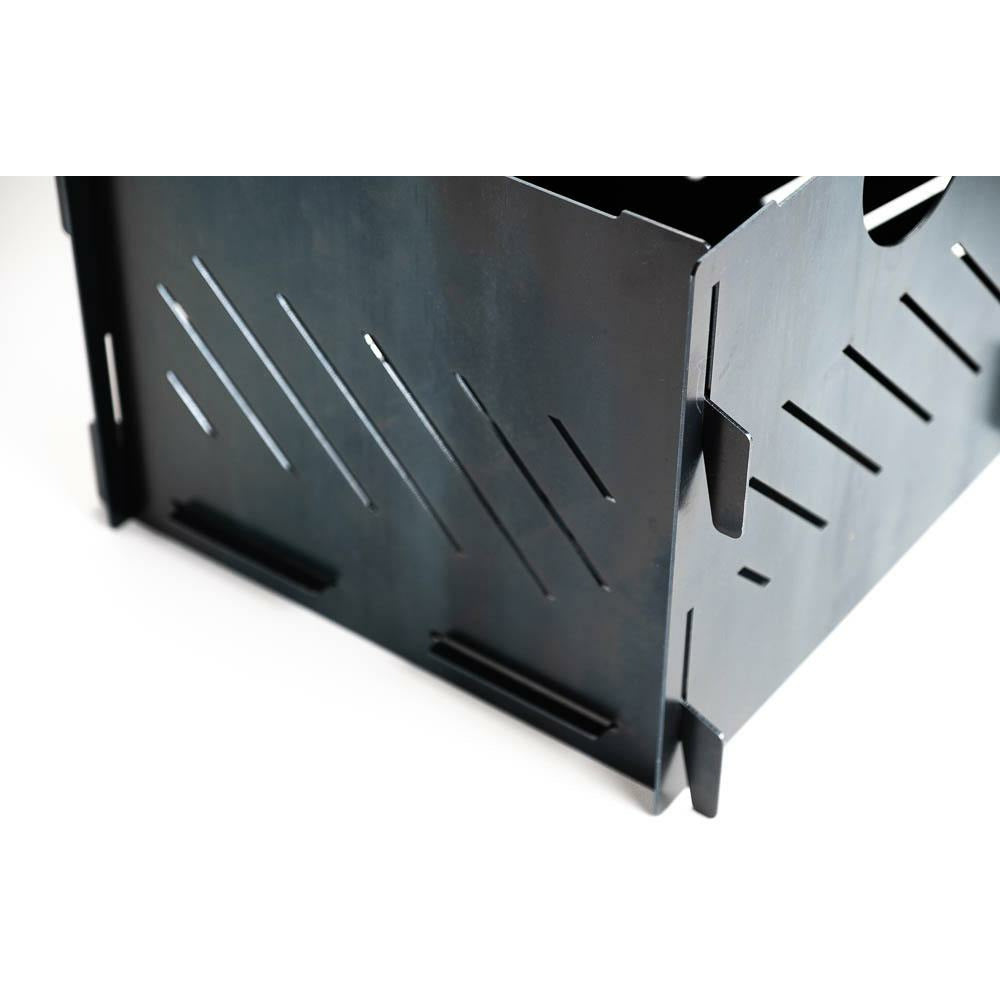 Close-up of the Pyro Cage MINI tab-and-slot corner joint