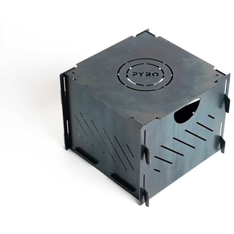 Assembled Pyro Cage MINI portable camp fire pit with its lid on